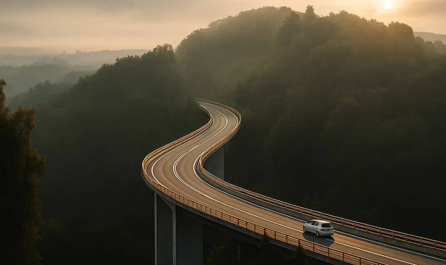 Carretera elevada y sinuosa rodeada de bosque verde al atardecer con un automóvil gris.