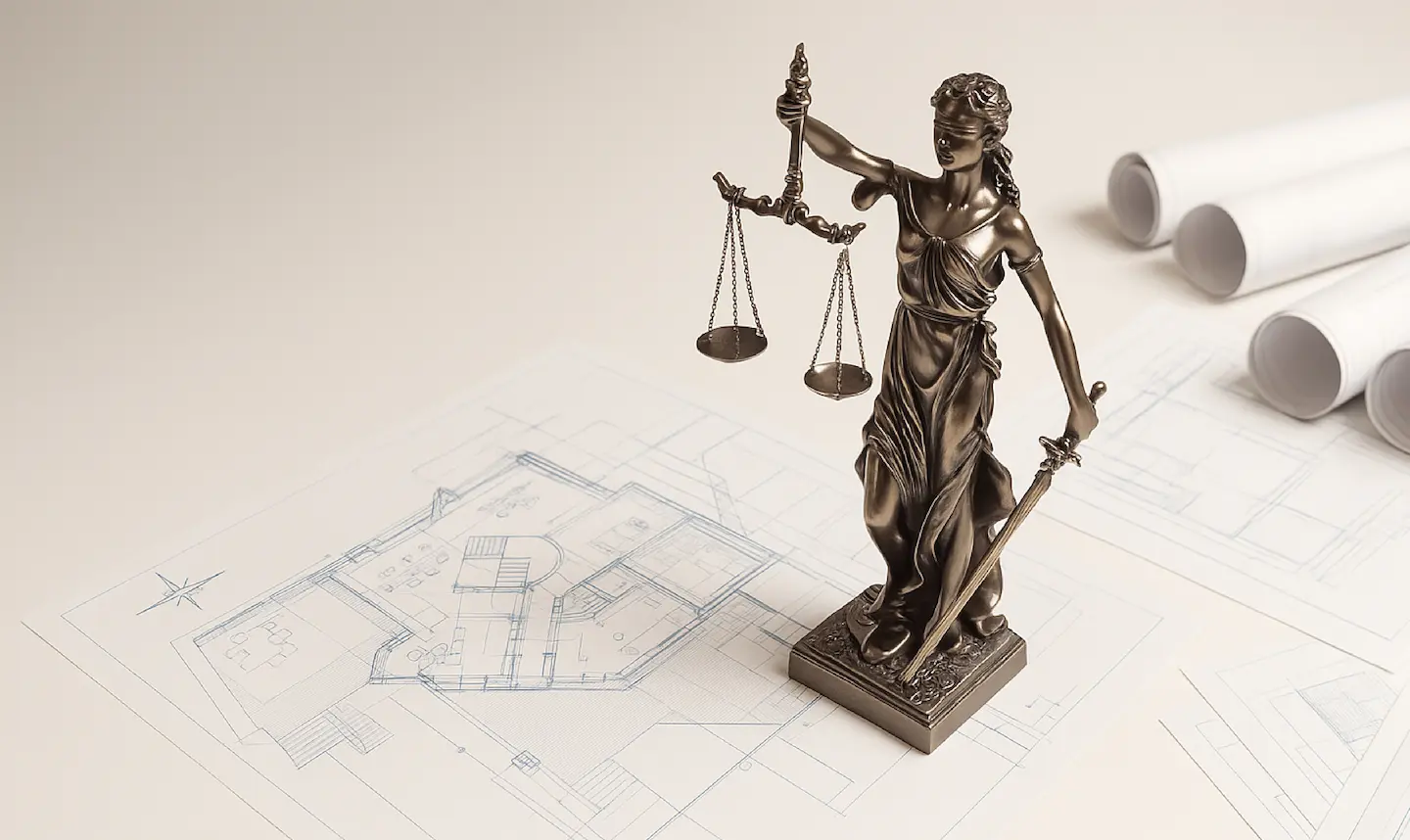 Estatua de la justicia con balanza y espada sobre planos arquitectónicos enrollados.