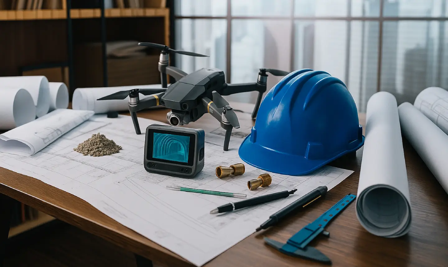 Dron y casco azul sobre planos arquitectónicos con herramientas, piezas y muestra de suelo.