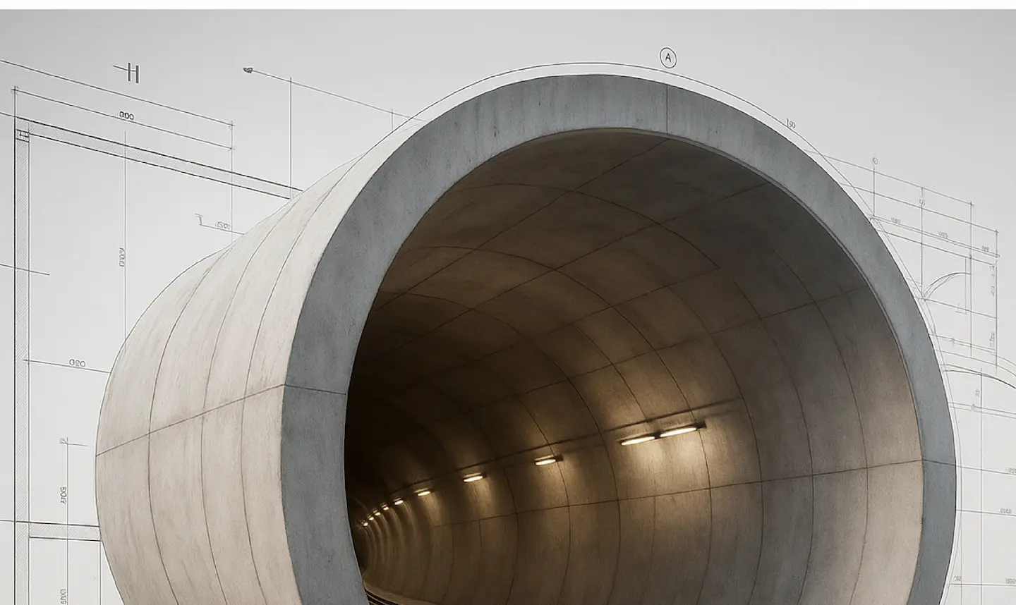 Entrada de túnel de concreto con planos de ingeniería técnicos en el fondo.