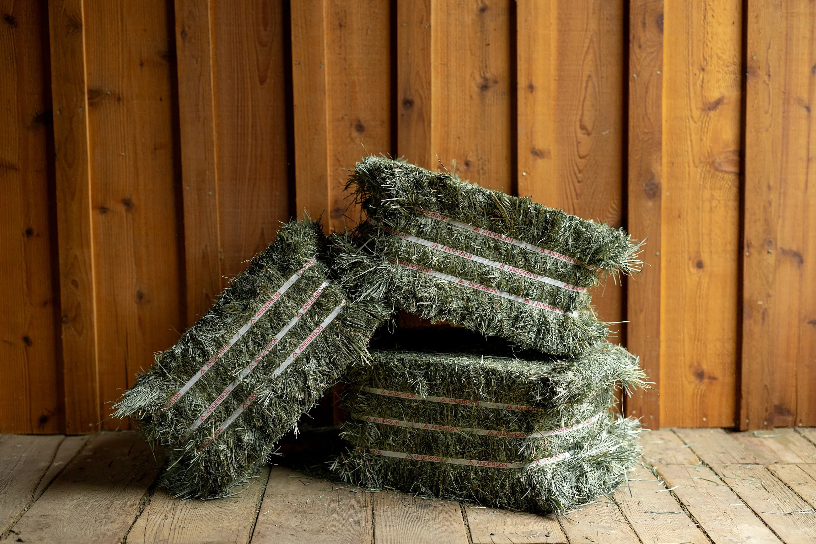 3 compressed bales of Anderson Hay stacked in a stable