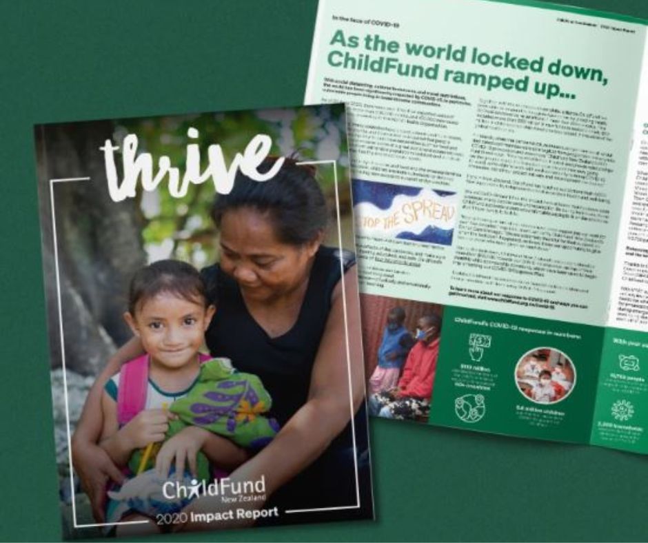 Cover of ChildFund New Zealand's 2020 Impact Report titled 'thrive' featuring a woman hugging a smiling child, alongside an open report page about COVID-19 response.