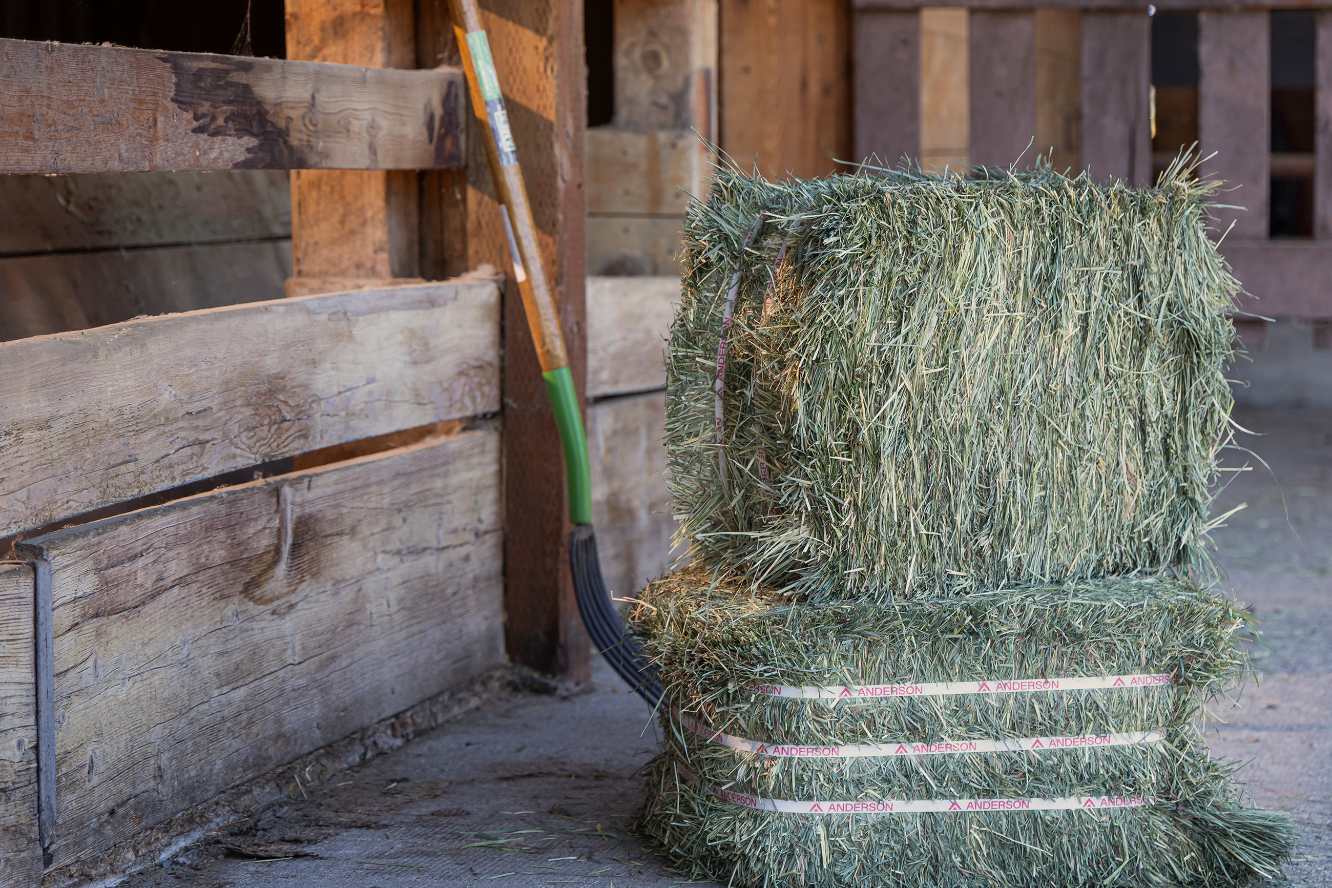 Two bales of hay next to a pitchfork in a barn
