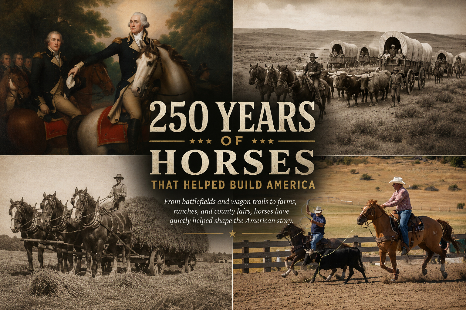 Historic collage of American horses featuring the Revolutionary War, Oregon Trail, draft horse farming, and modern ranching in celebration of America’s 250th anniversary.