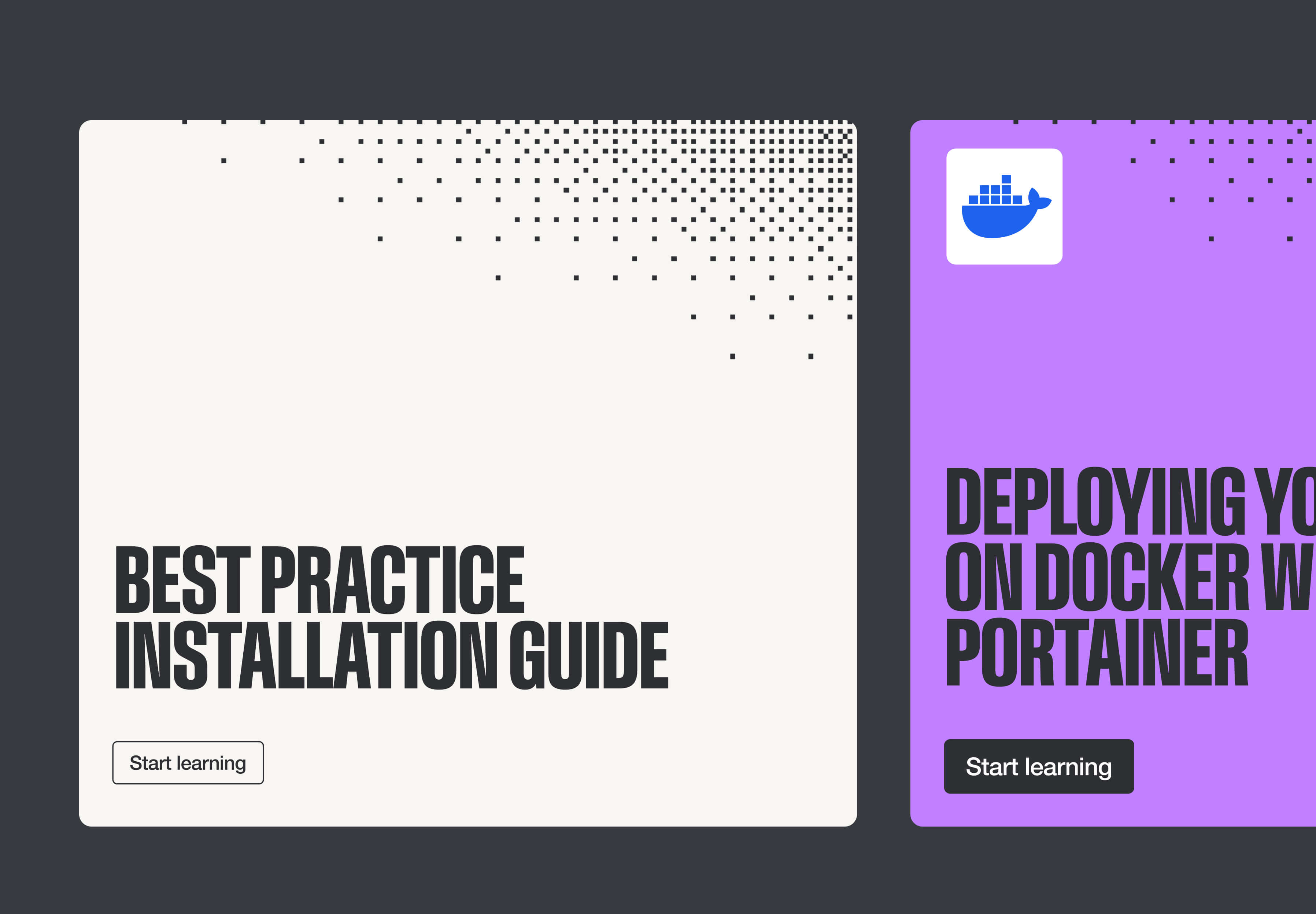 Docker installation guide with start learning buttons on white and purple panels