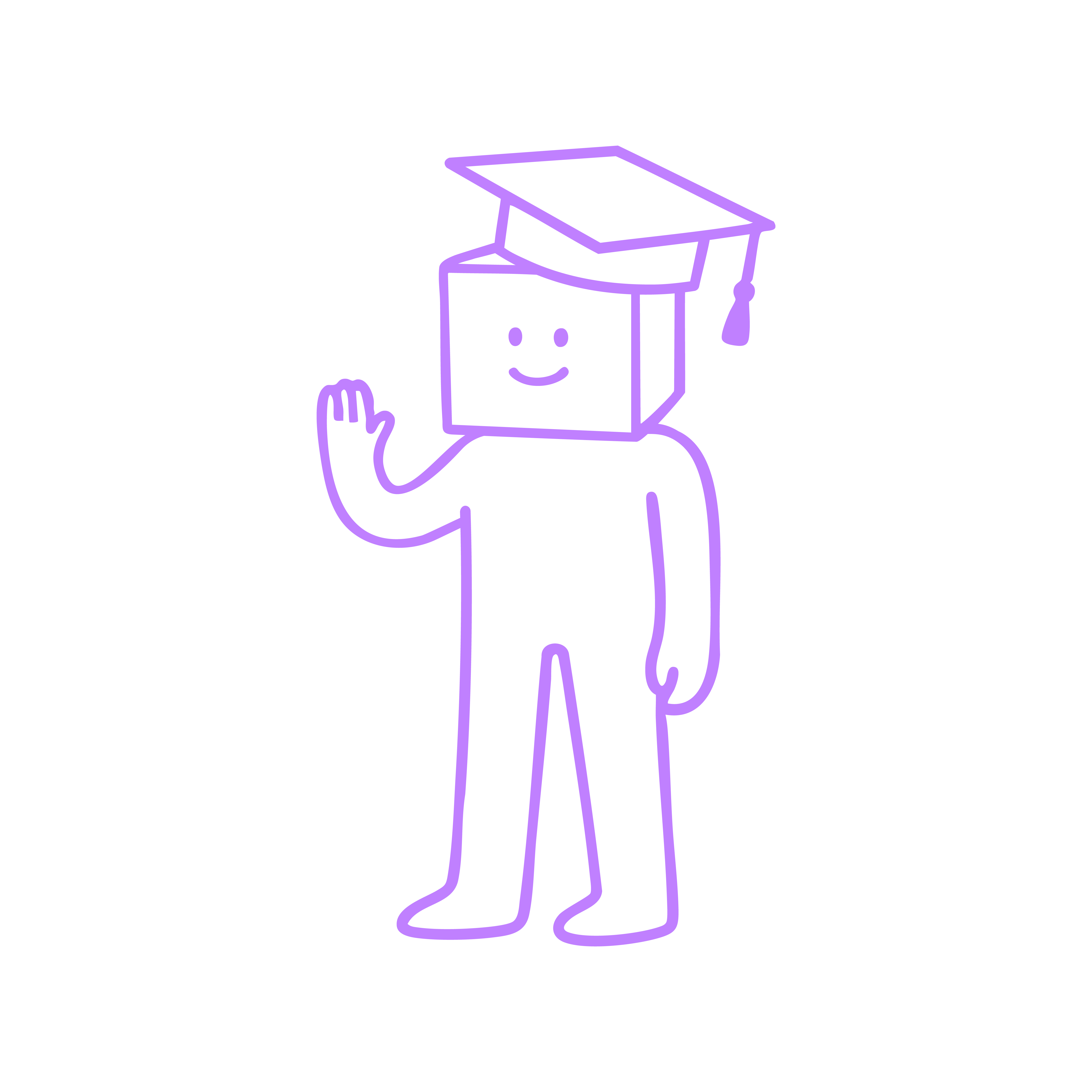 Smiling cartoon graduate with box head waving in purple outline