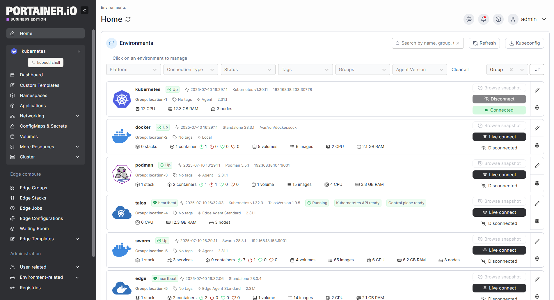 Portainer.io Environments dashboard showing Kubernetes, Docker, and Podman clusters