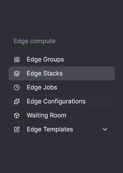 Edge compute menu showing options like Edge Groups, Stacks, and Jobs