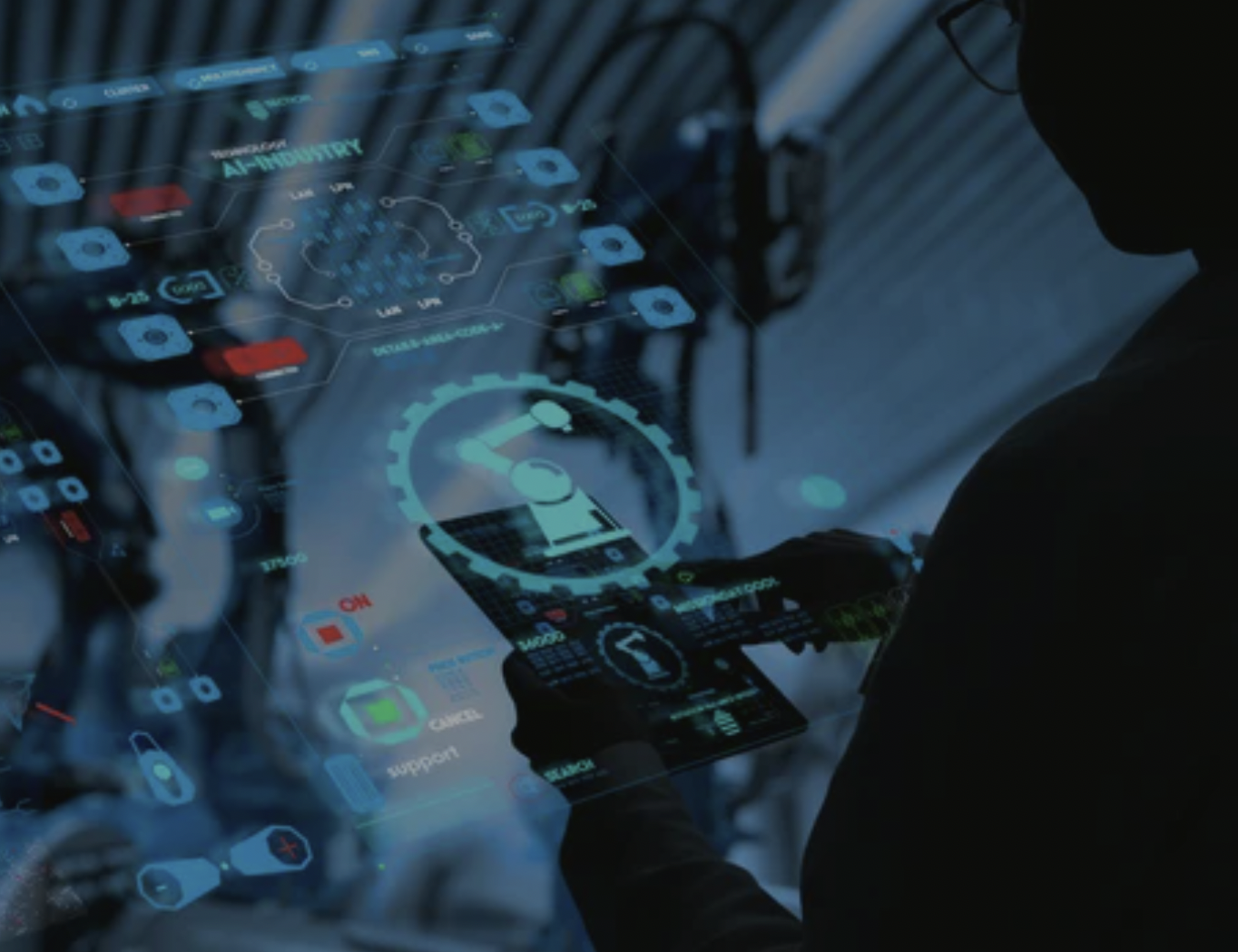 Futuristic digital interface with holographic screens and tech controls