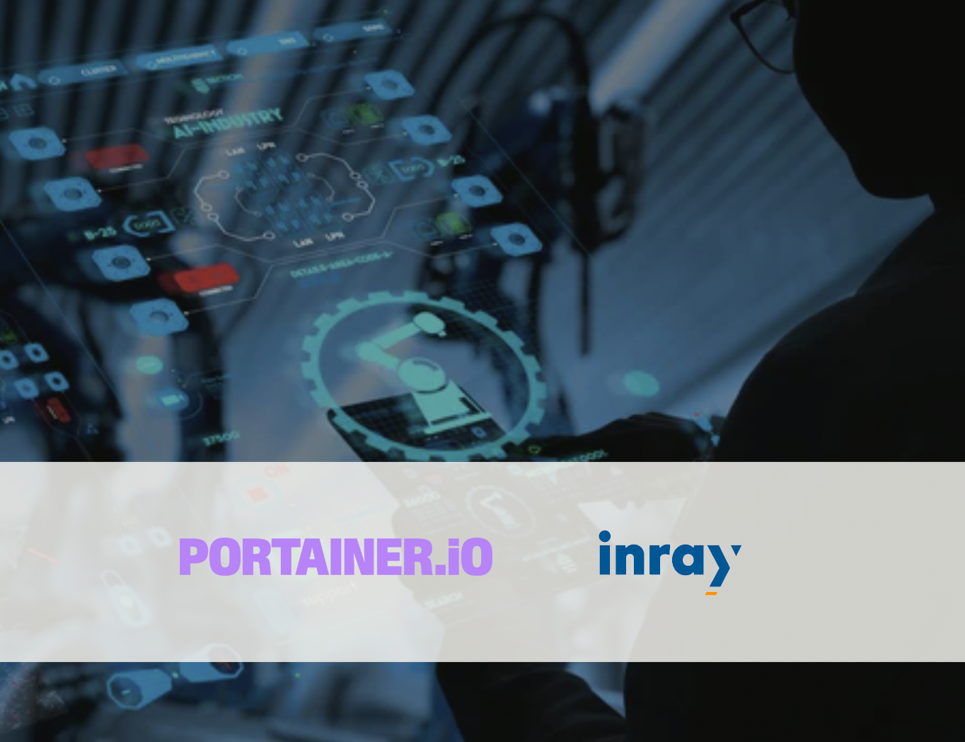 Futuristic digital interface with Portainer.io and Inray logos