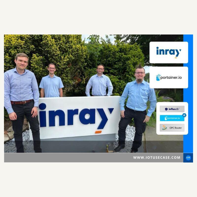 Four professionals posing with Inray logo in outdoor corporate setting