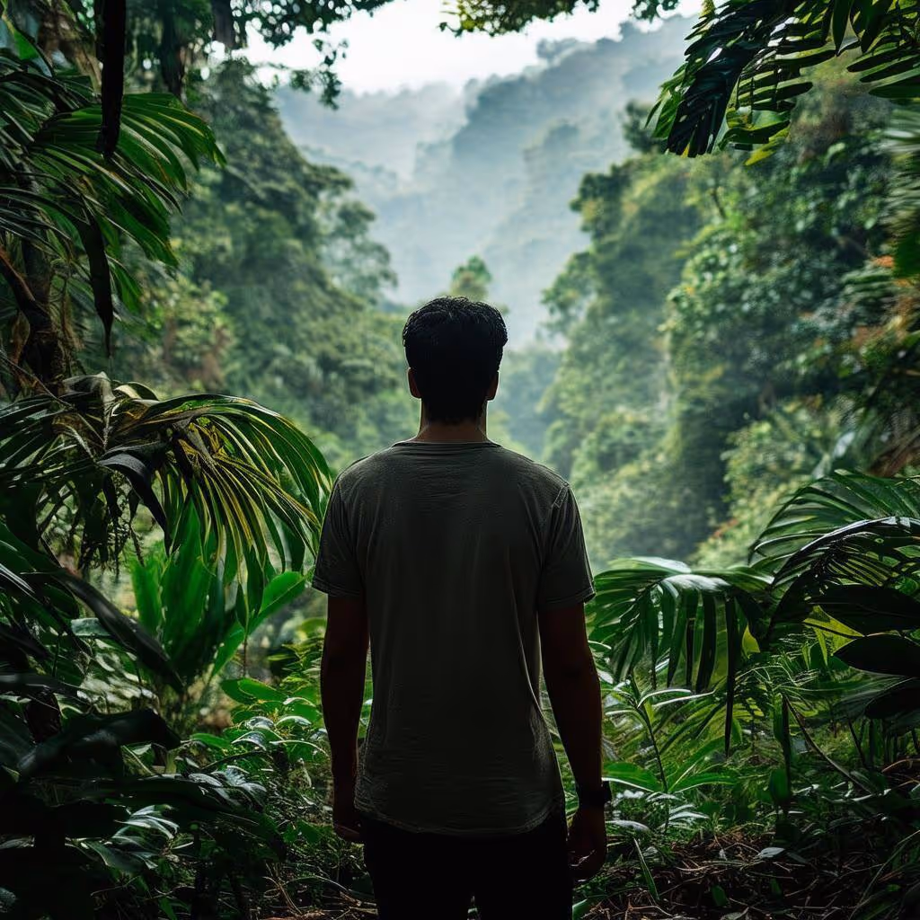 view from behind of a man standing looking into a jungle