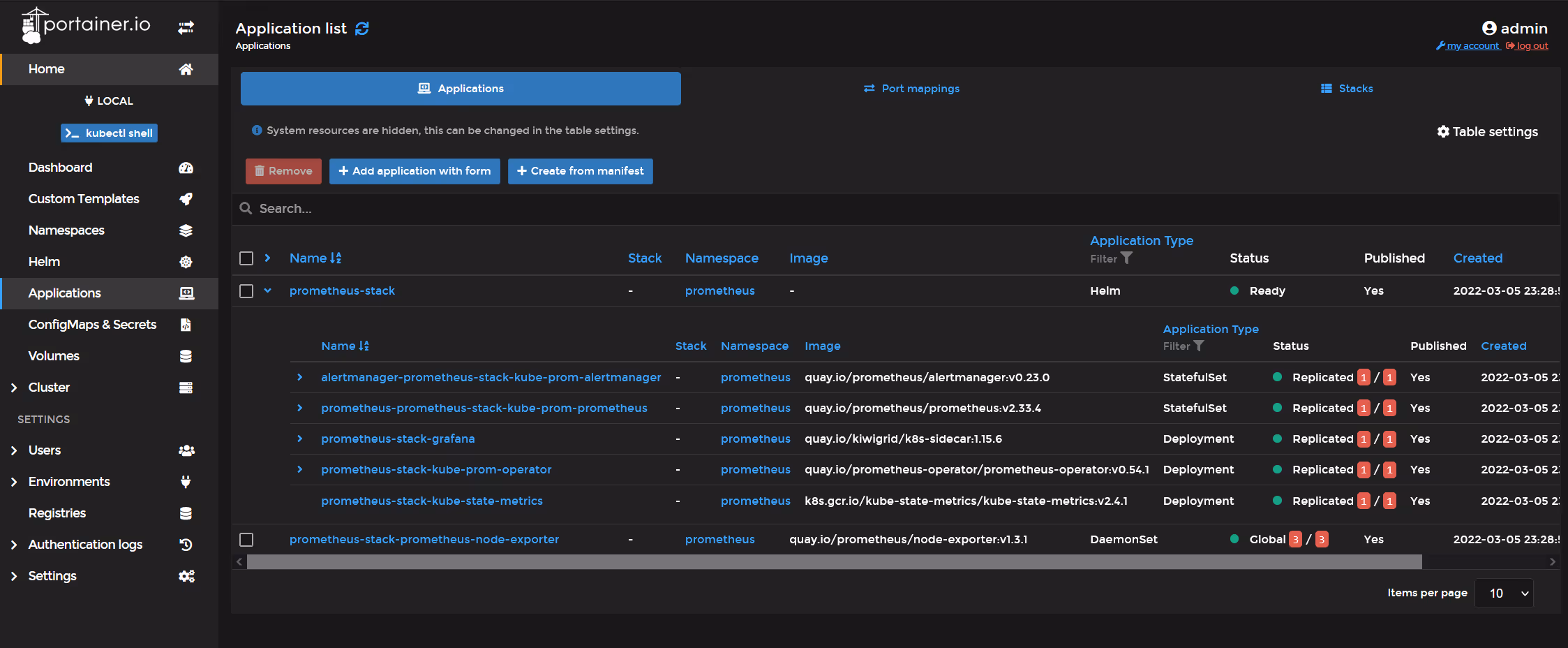 Portainer Application List Screenshot