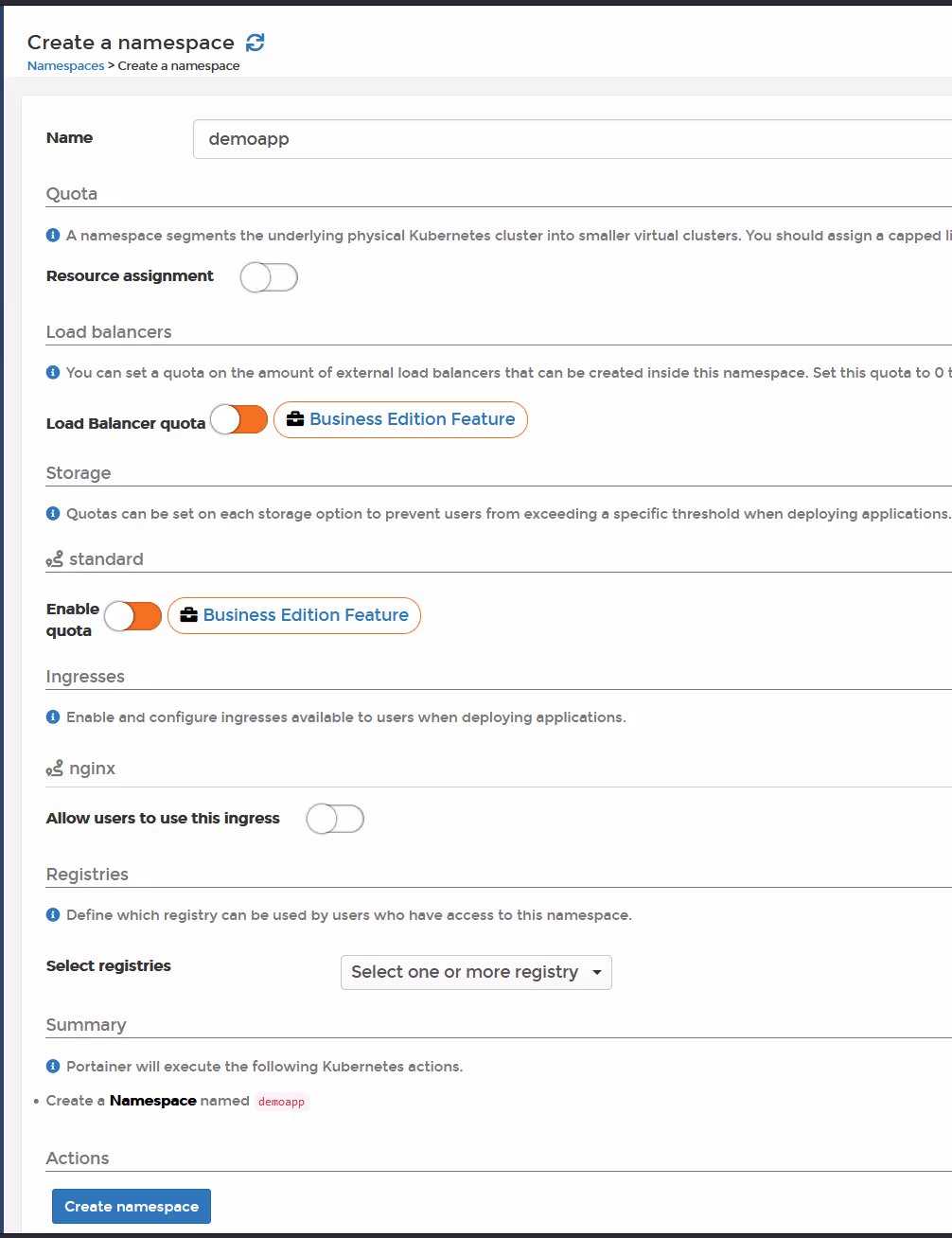 Portainer Create a Namespace