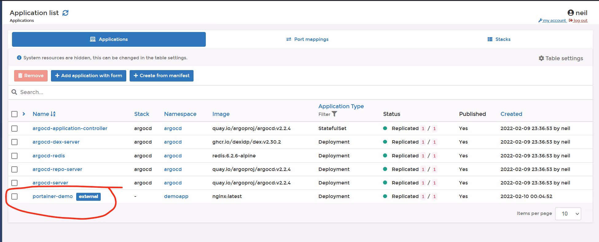 Portainer Application List screenshot