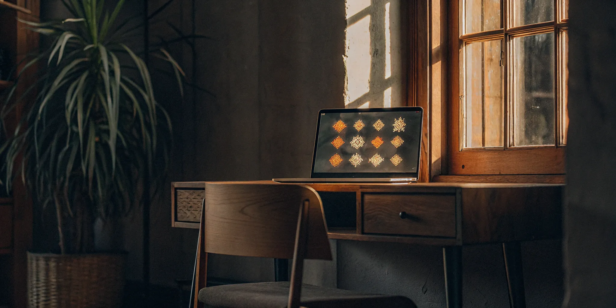 Laptop on desk in bright home office.