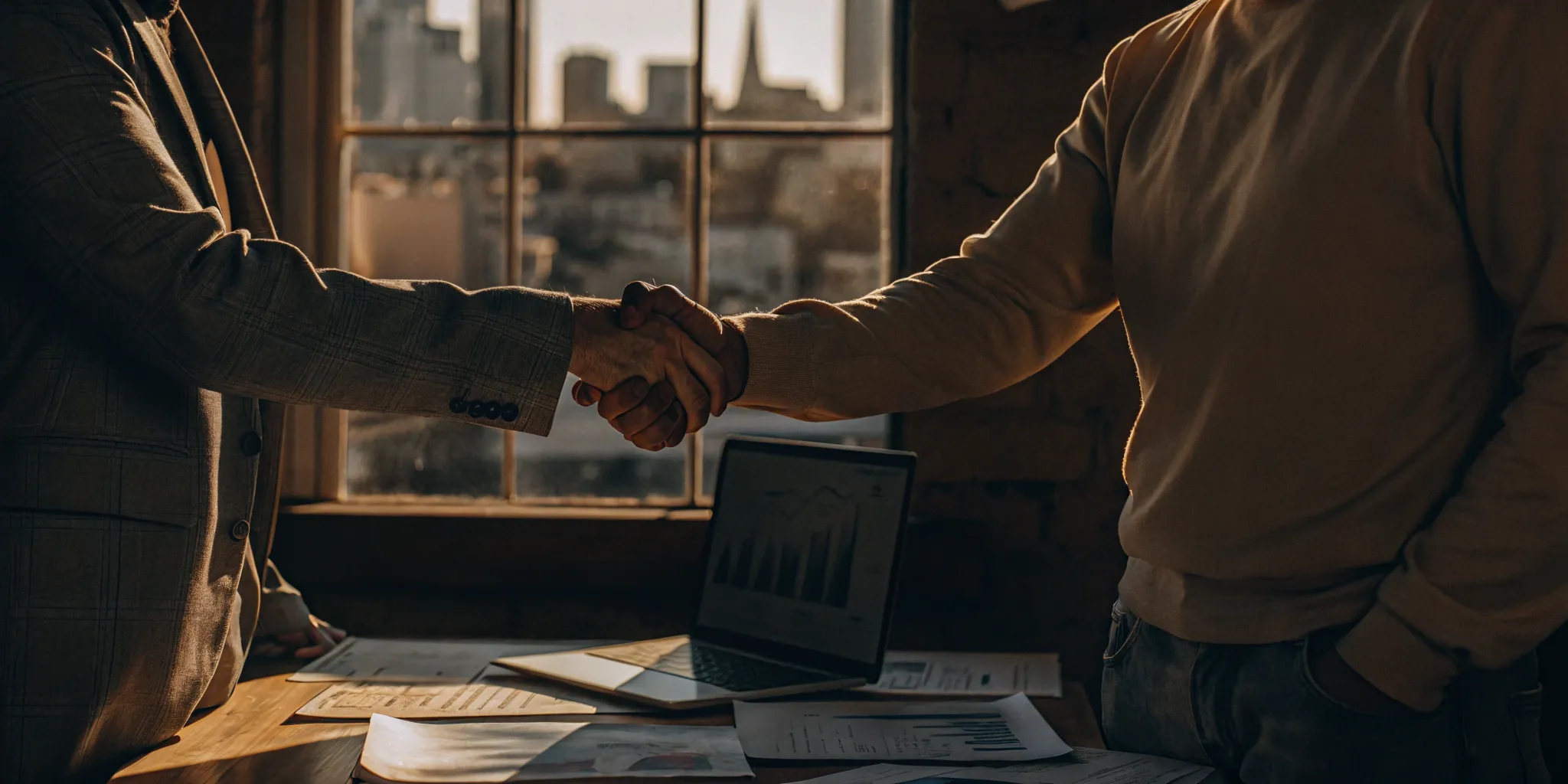 Small business owners shaking hands over workers compensation insurance documents.