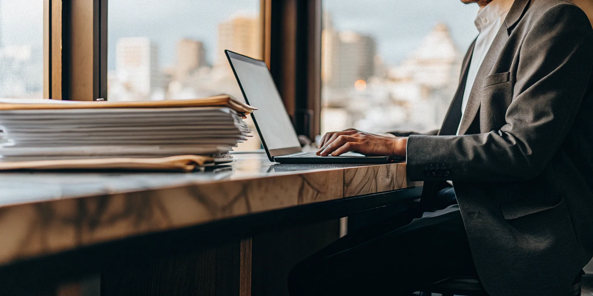 A professional reviewing documents covering the main types of employee benefits and services.