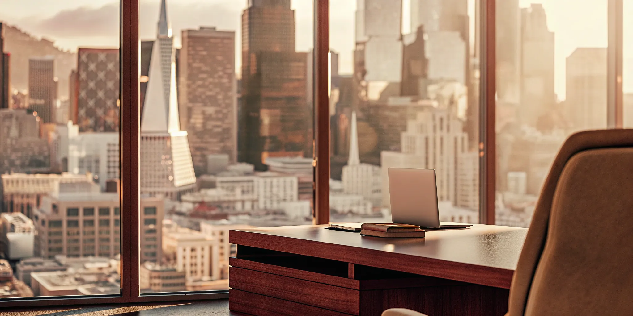 Laptop on an office desk overlooking a city, a workspace streamlined by using a PEO for HR tasks.