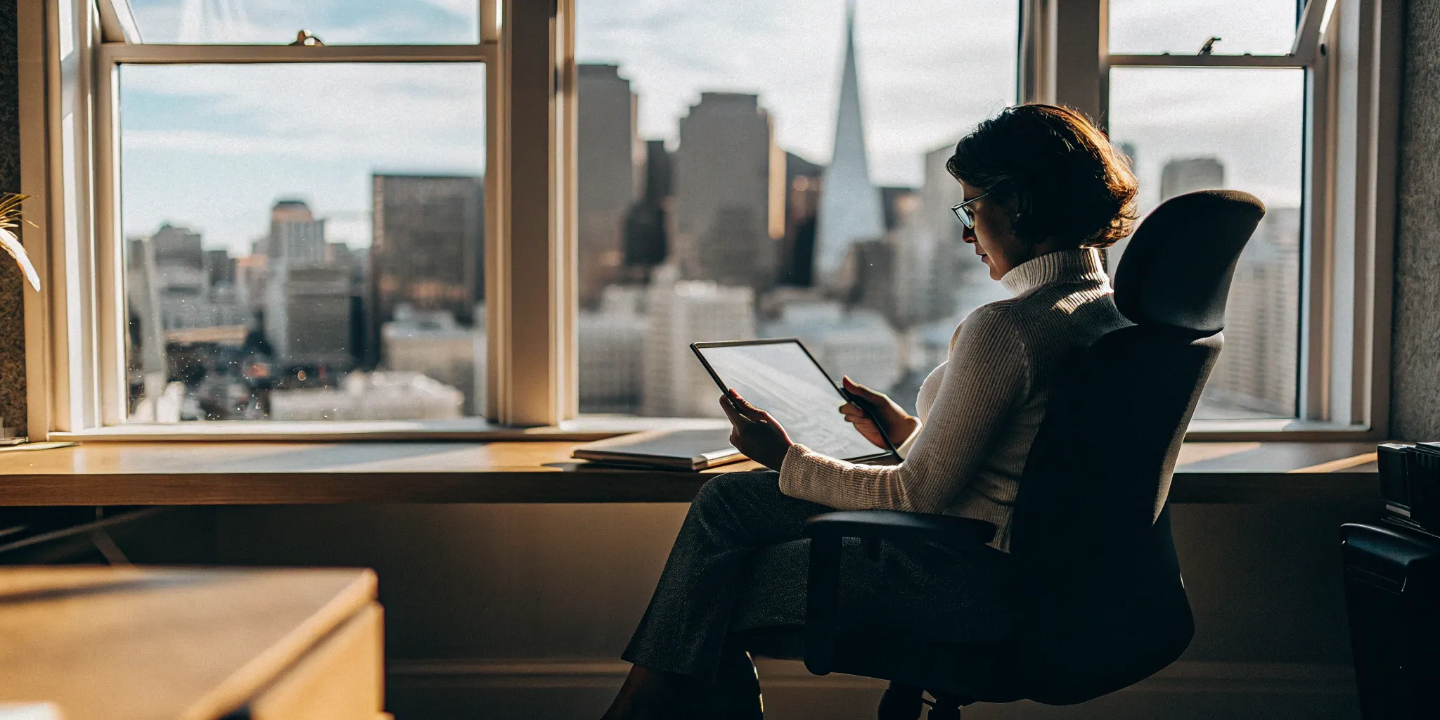 Business owner researching why to use a PEO for a small business on a tablet.