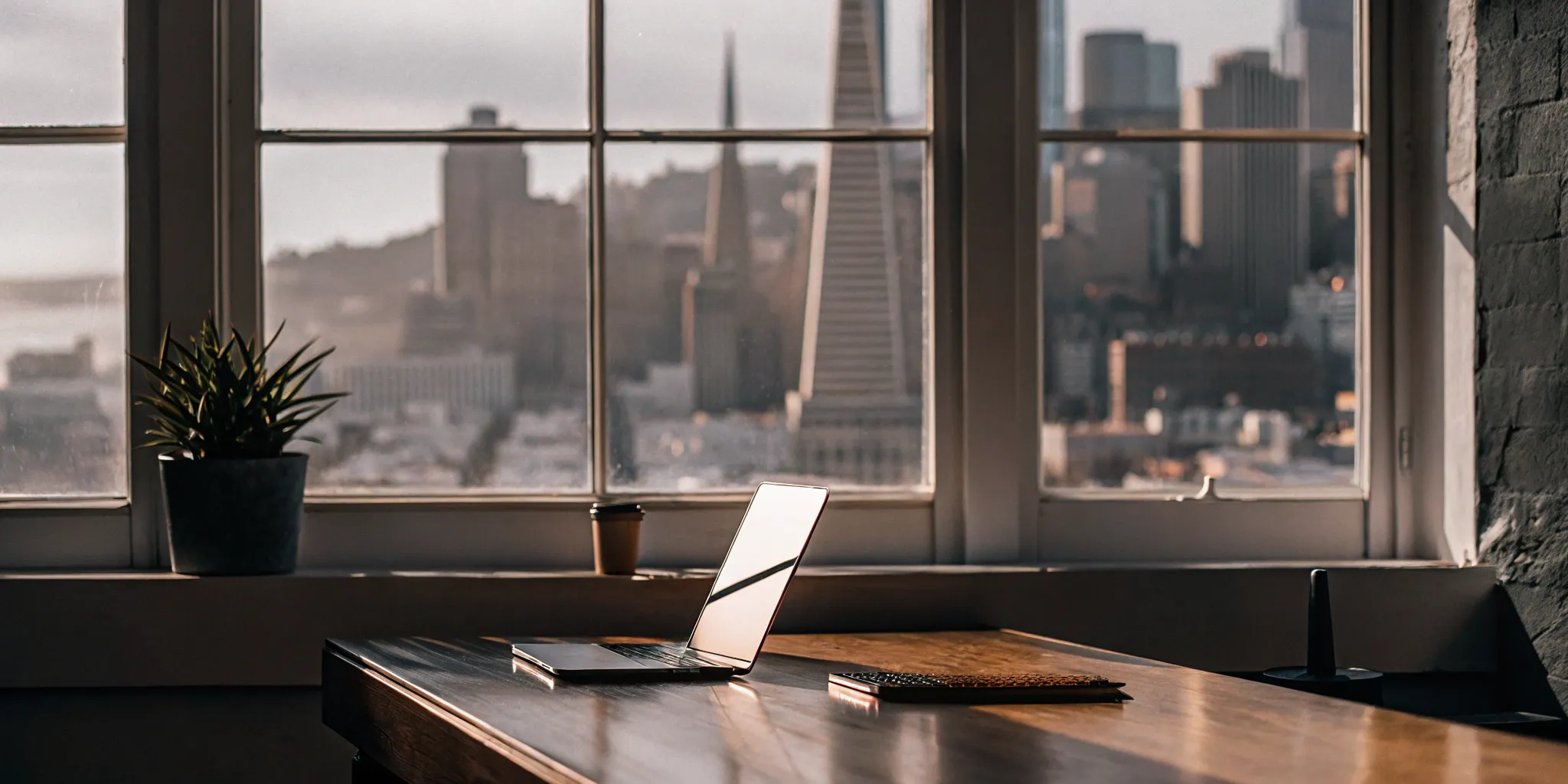 Modern office desk with a laptop used to research how to choose a benefits advisor.