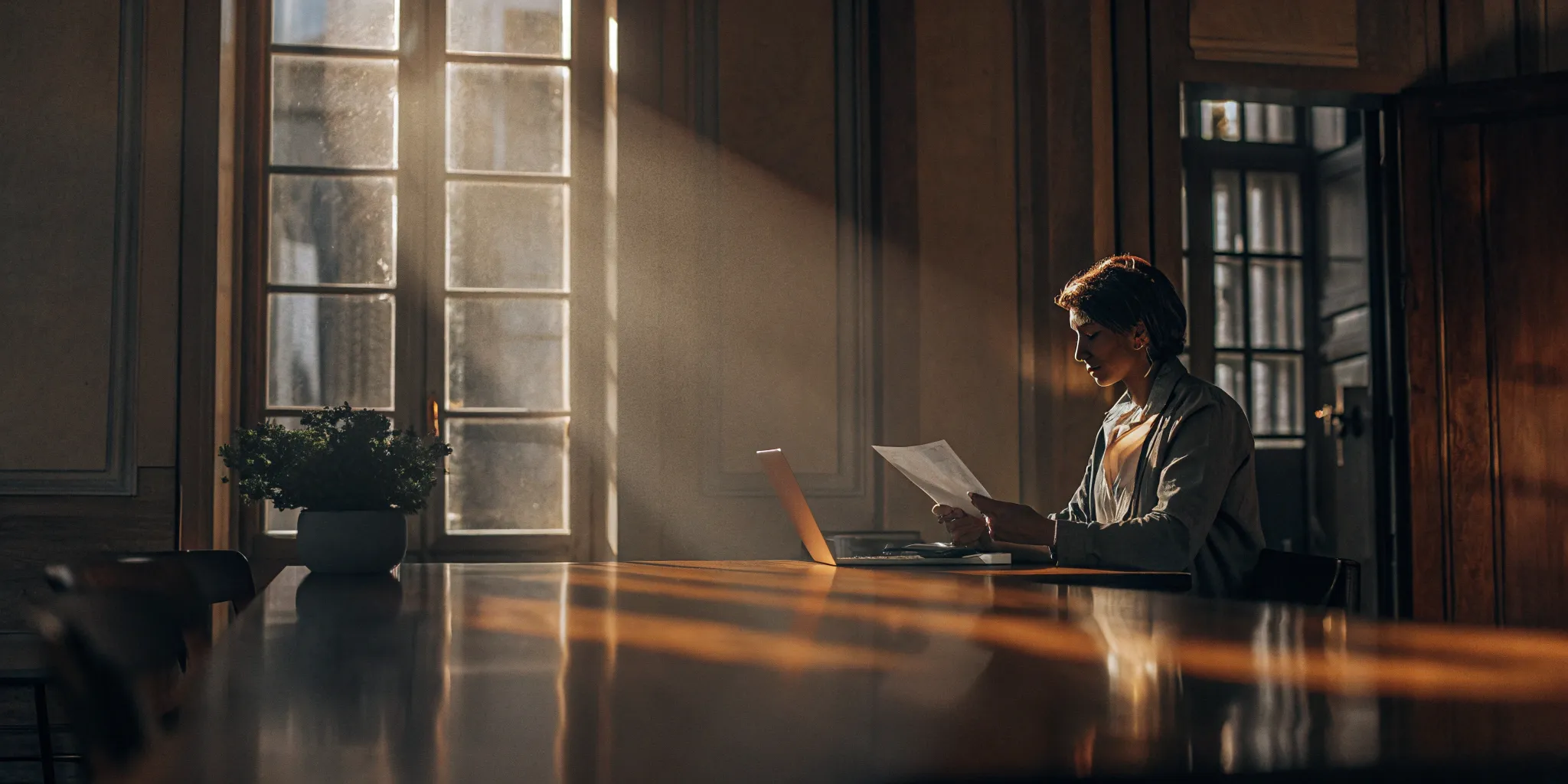 A business professional at a desk with a laptop weighs the decision to hire a PEO consultant.