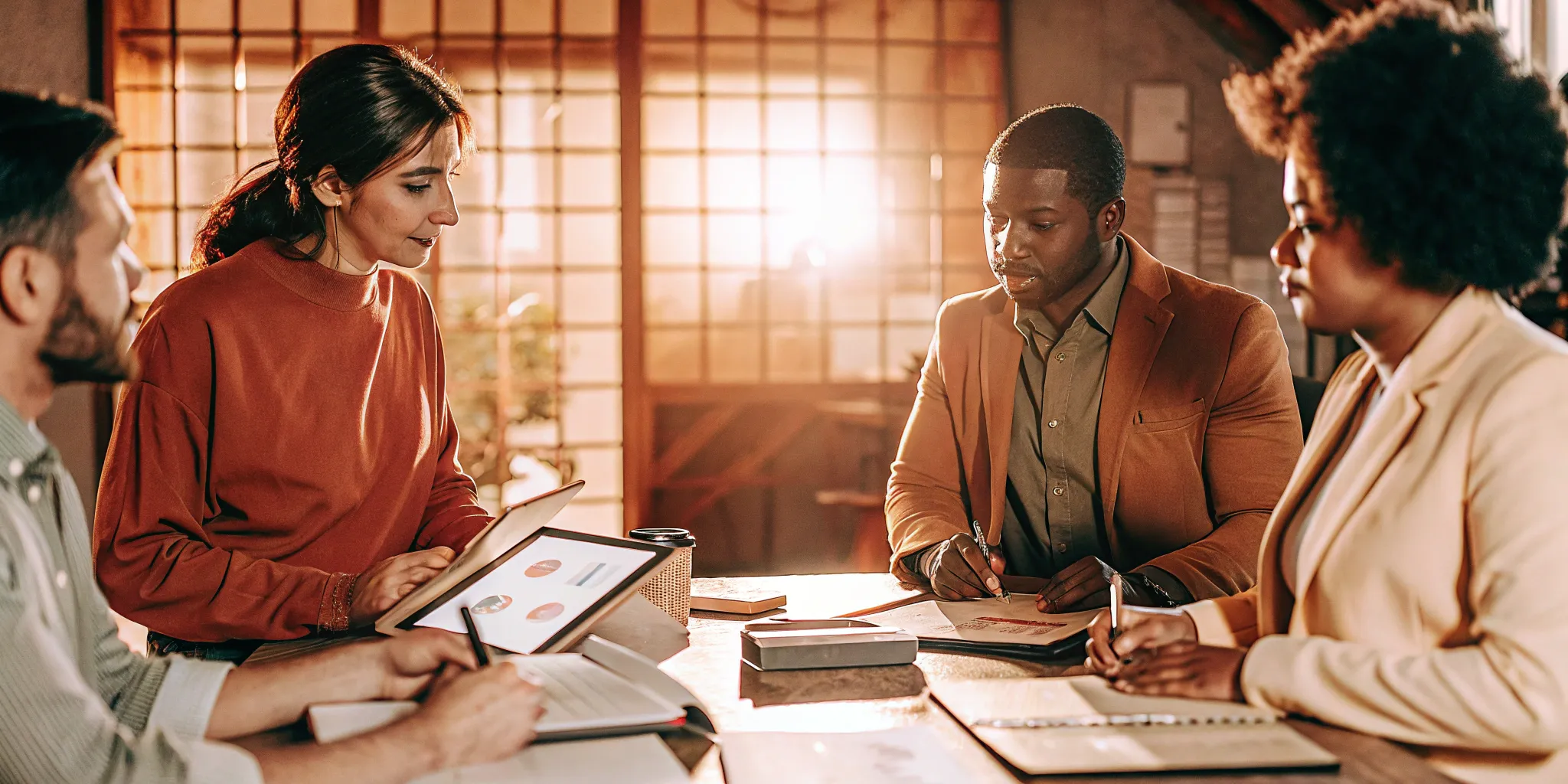 A business team evaluates a PEO company's services and contract during a meeting.