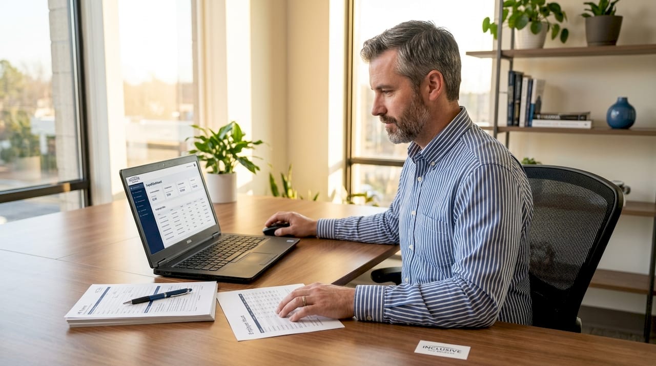 Man using payroll software in coworking office
