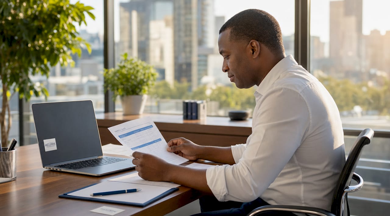 Hands typing payroll documents on laptop