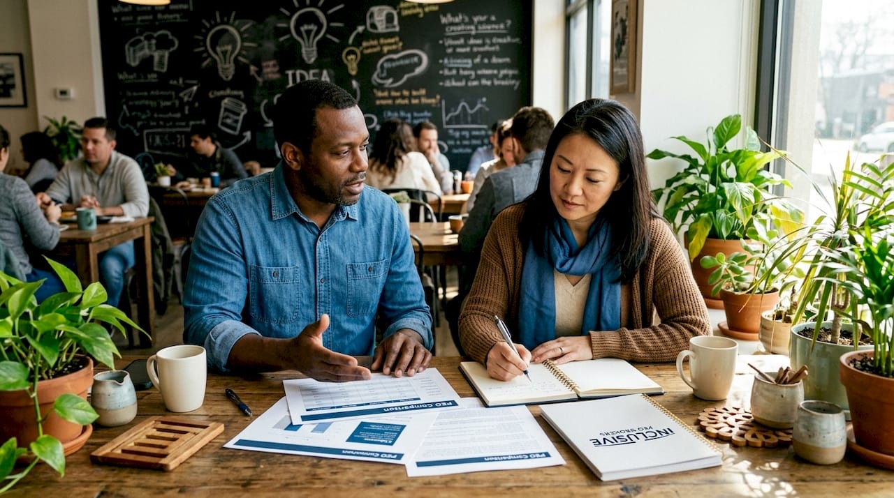 Two professionals discussing PEO evaluation criteria at table
