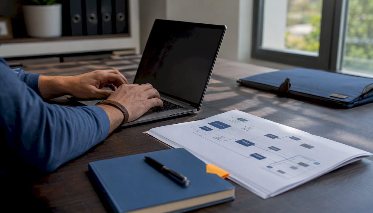 Hands typing payroll software integration details