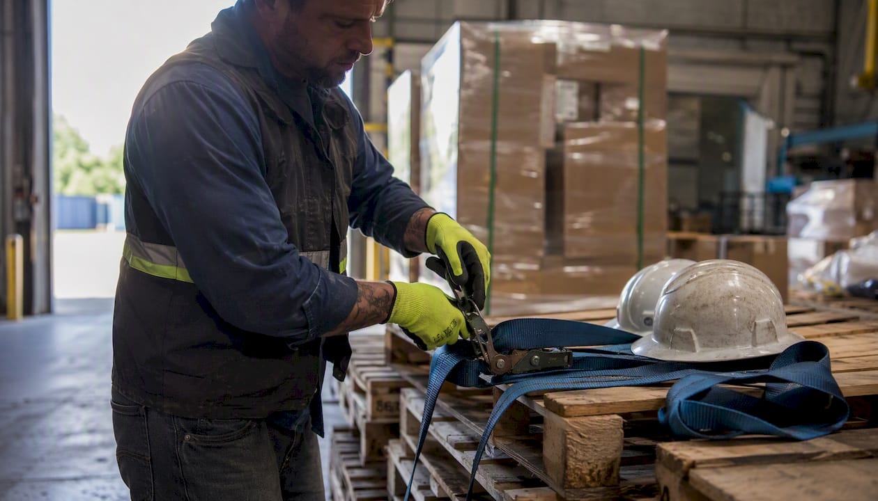 Hands securing truck loading safety equipment