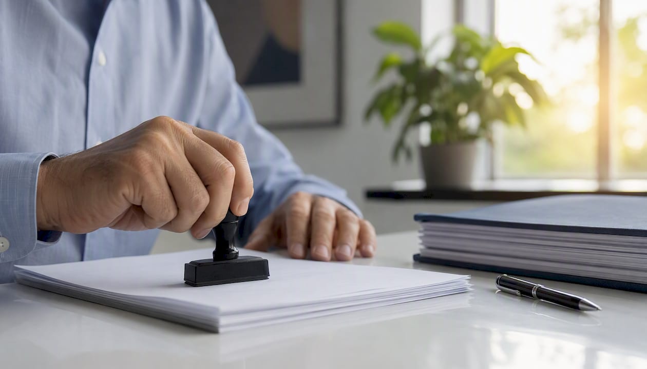 Hands stamping a document on desk