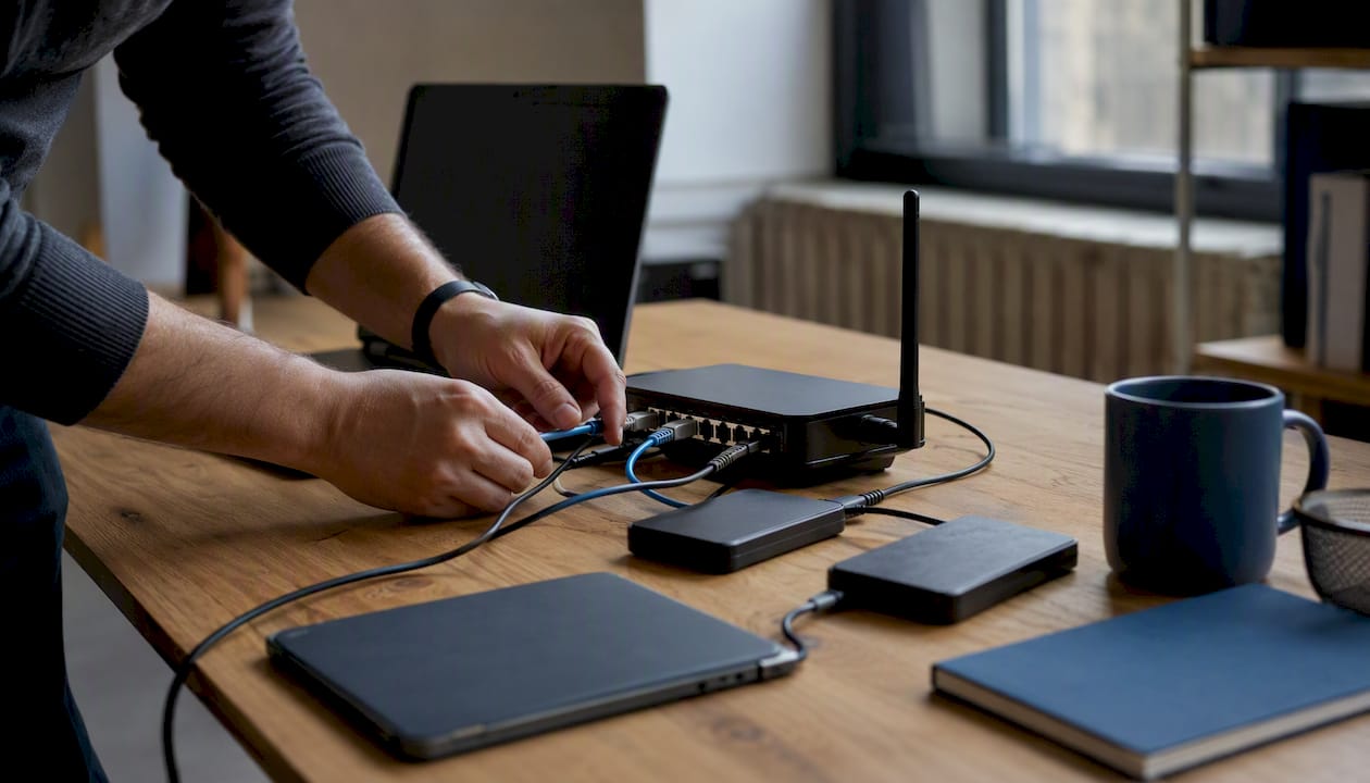 Hands connecting office equipment on desk