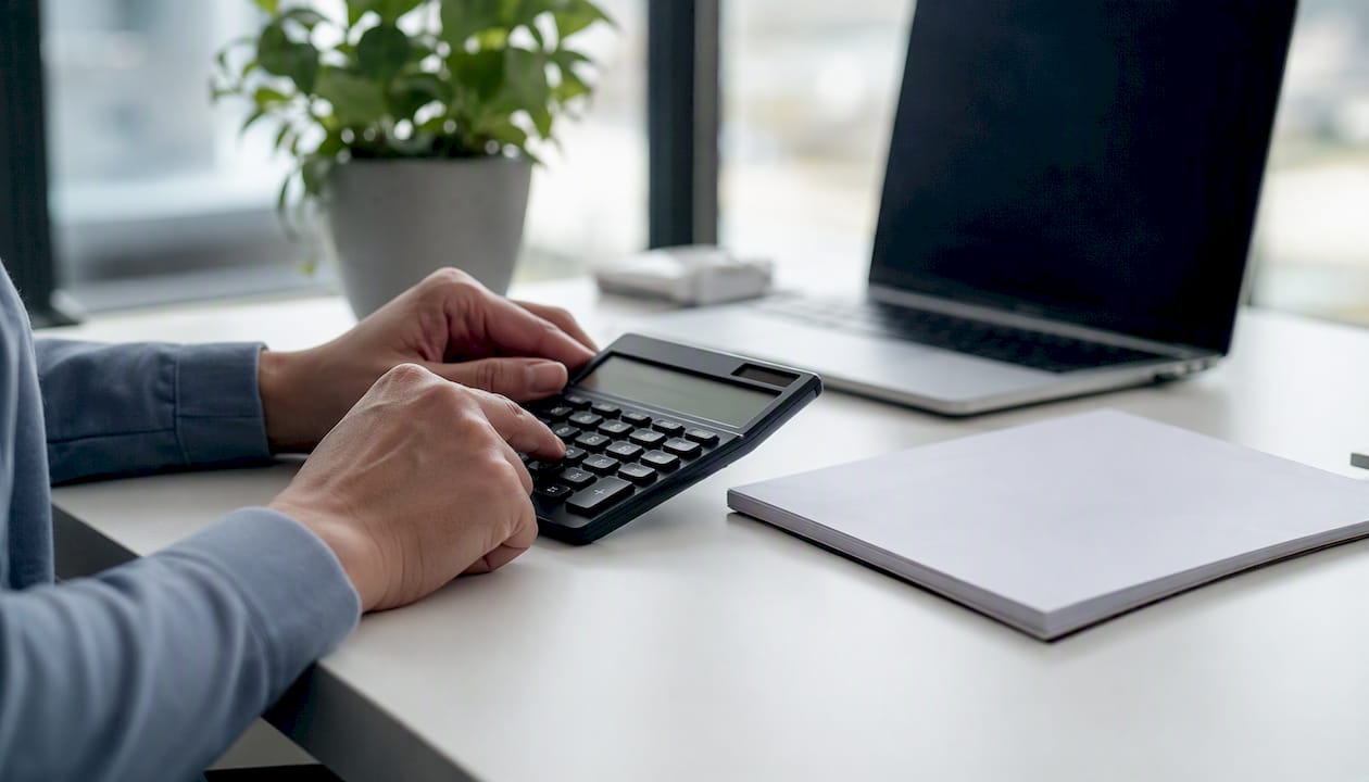 Hands pressing calculator for payroll