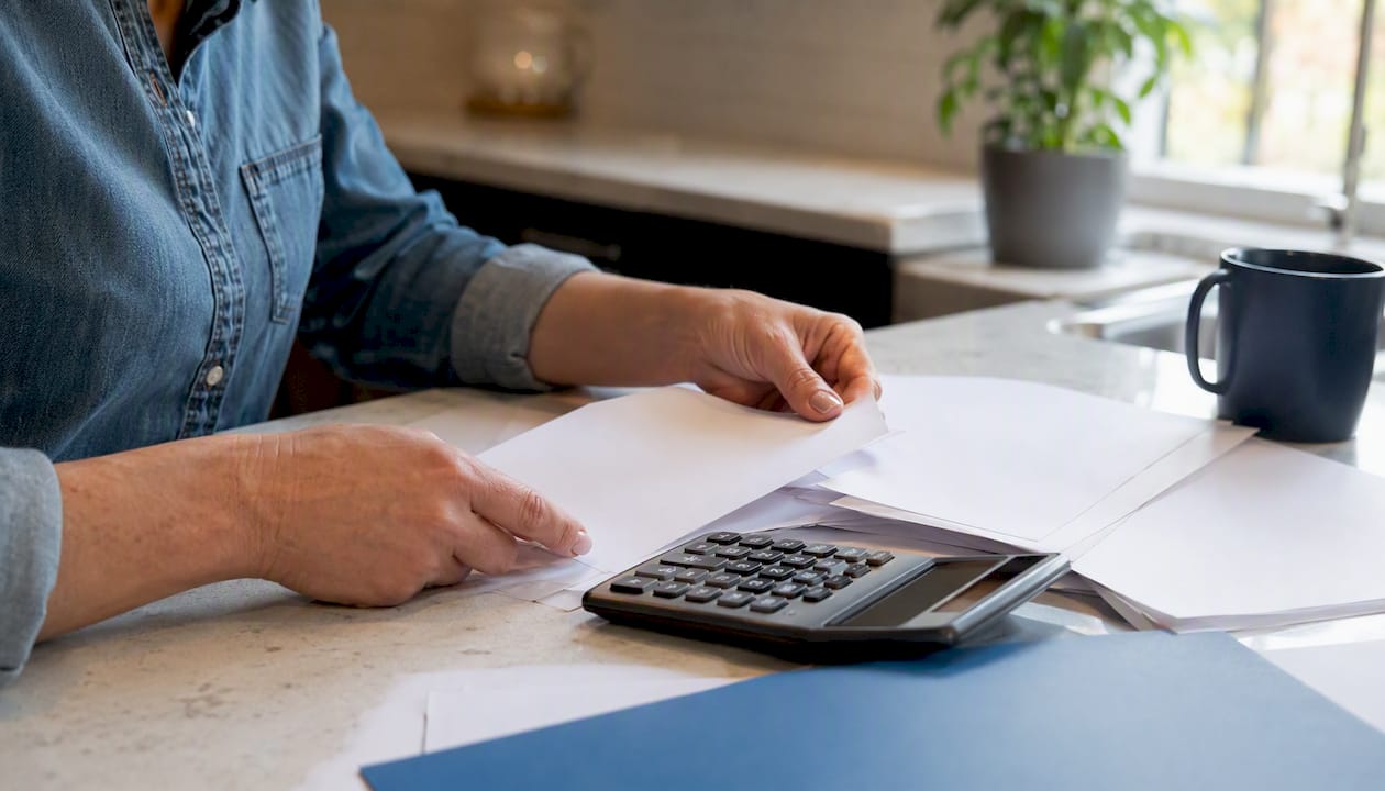 Hands arranging payroll tax forms and calculator