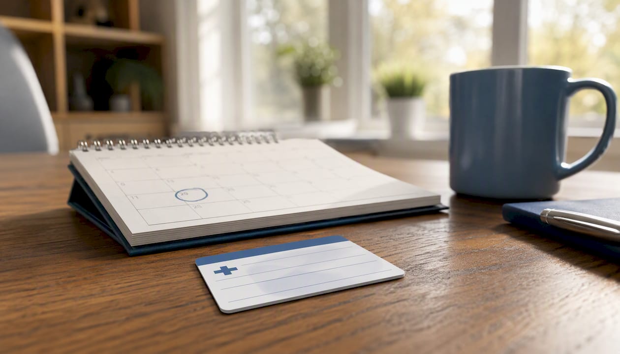 Health insurance card beside calendar date