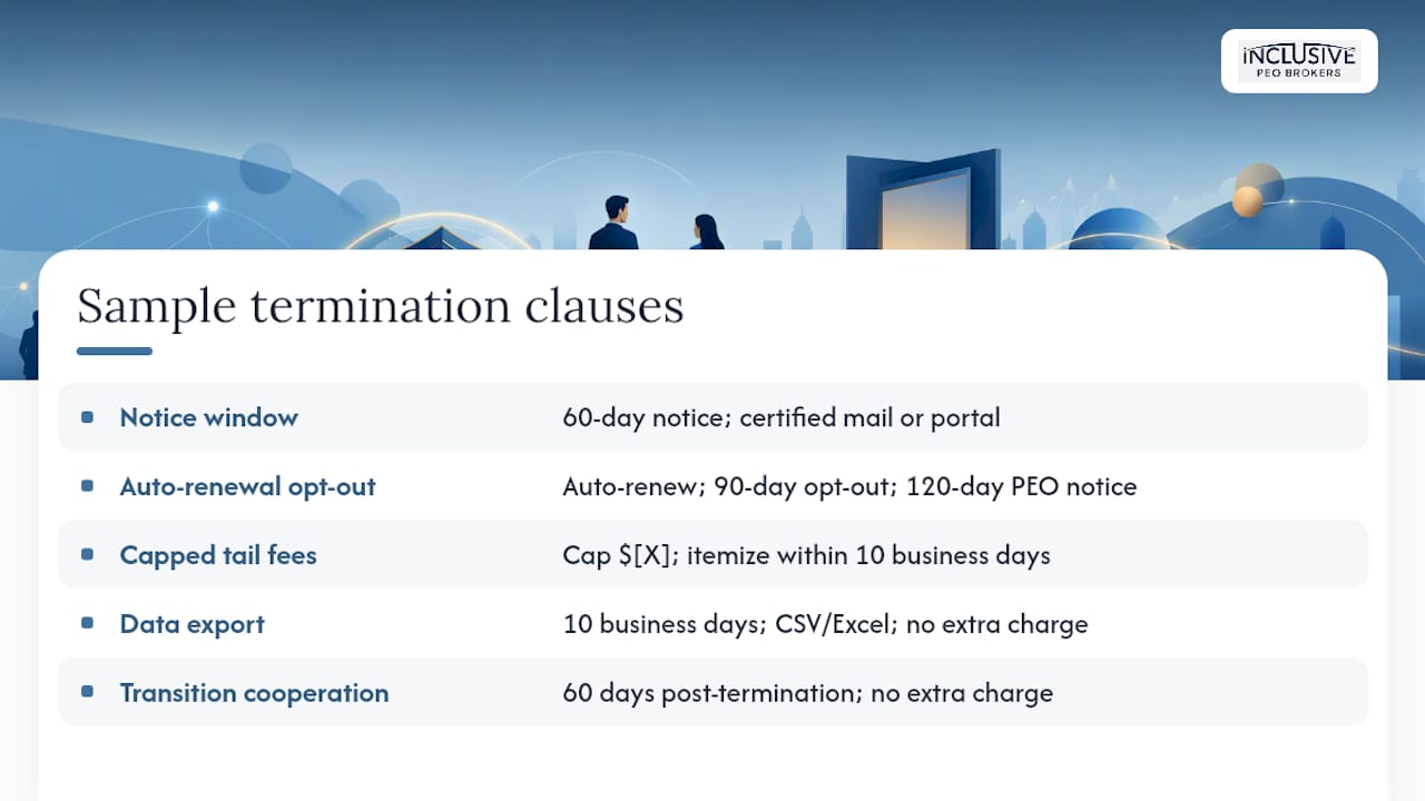 Sample termination clauses you can propose to your PEO or counsel — overview diagram