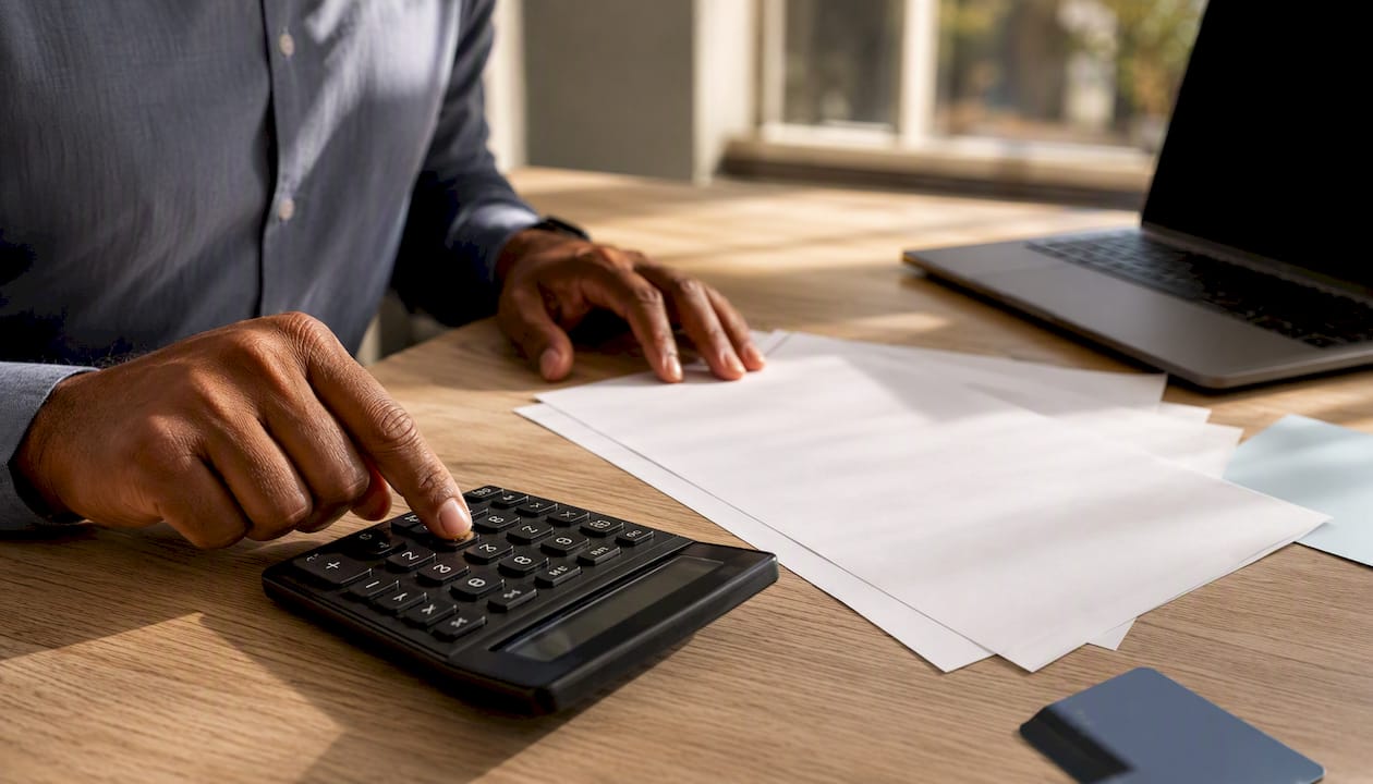 Hands using calculator on blank payroll documents