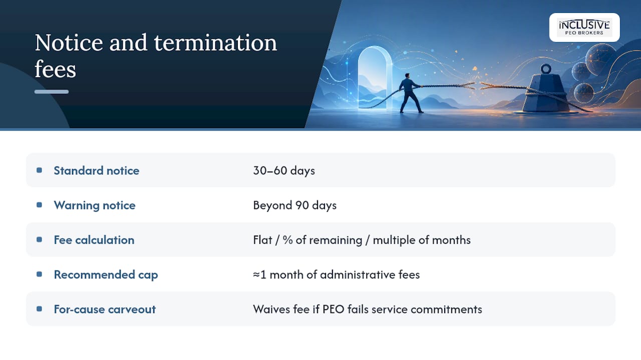 Diagram comparing PEO termination clauses and fees