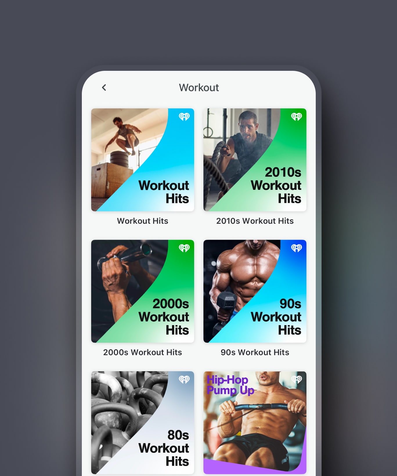 Screenshot of the iHeart Radio app's workout playlists.