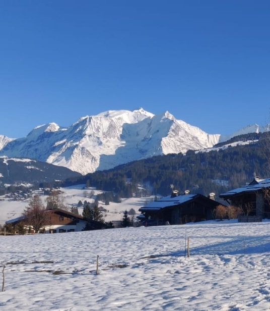 Paysage alpin avec le Mont-Blanc en toile de fond, vacances dans les Alpes françaises.