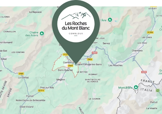 Carte indiquant l’emplacement de la résidence Les Roches du Mont-Blanc à Combloux.