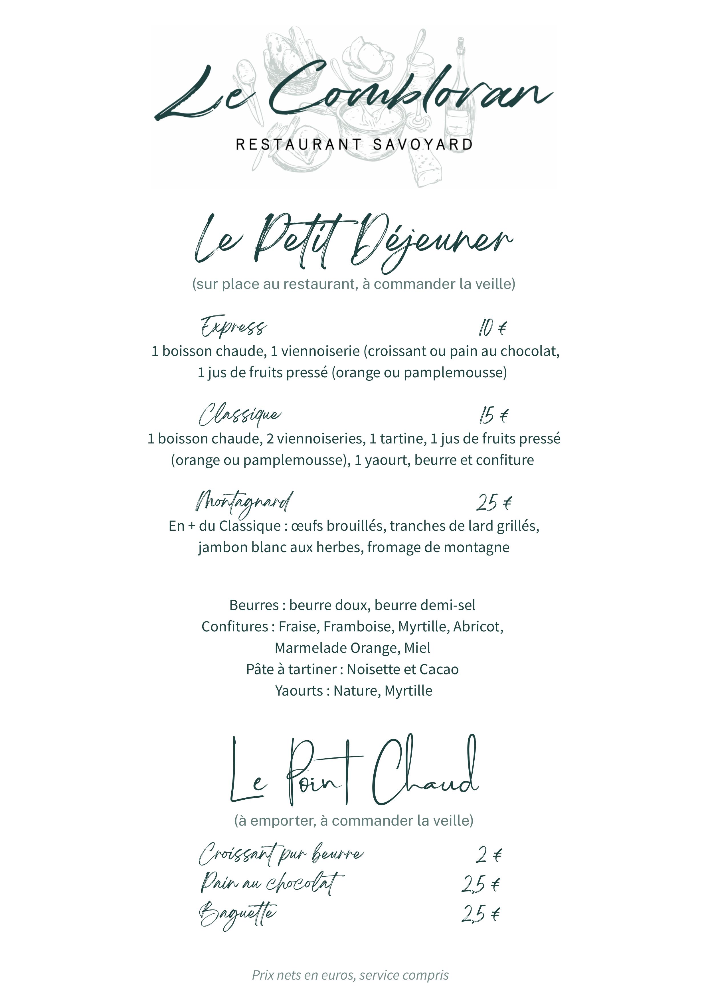 Menu du restaurant Savoyard Le Combloran en Haute Savoie, Les Roches du Mont Blanc