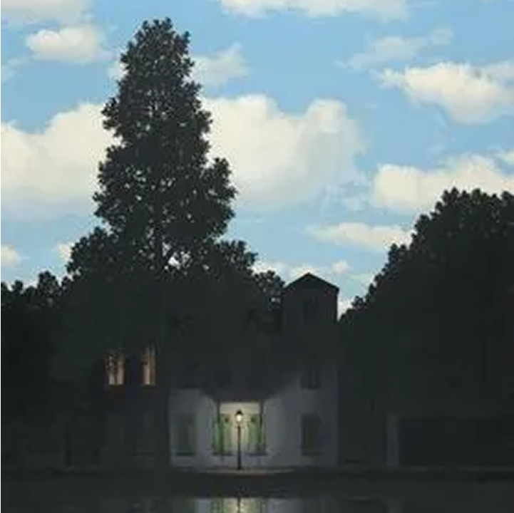 A painting of a house with a tree in the background.