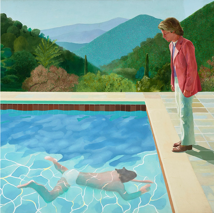 A painting of a man standing next to a swimming pool.