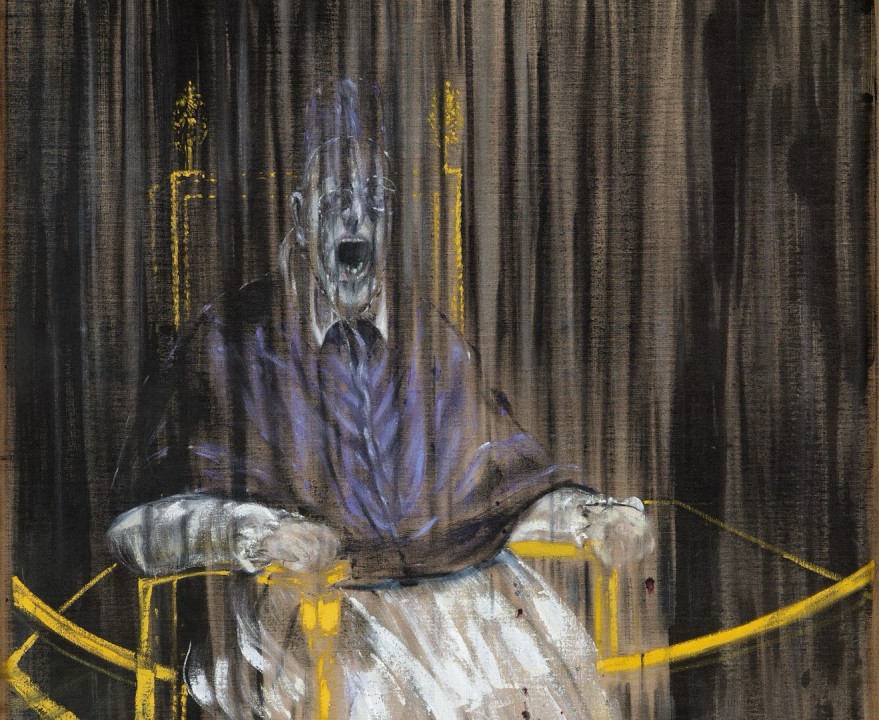 A painting of a man sitting in a chair.