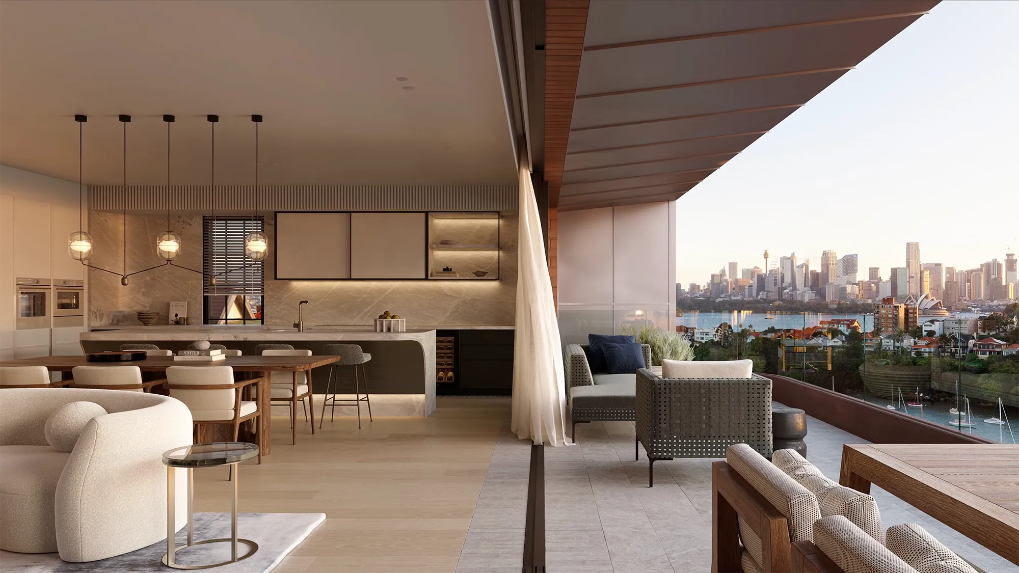 Modern open-plan living and dining area with stylish furnishings, marble kitchen, and a large balcony offering a panoramic city skyline and water view at sunset in this Mosman residential project.