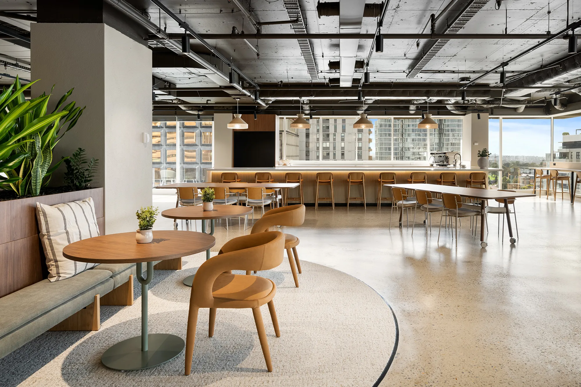 Modern North Sydney commercial office lounge with round wooden tables, tan chairs, and barstools at a long counter. Large windows offer city views, potted plants add greenery, and industrial ceilings create a bright, open atmosphere.