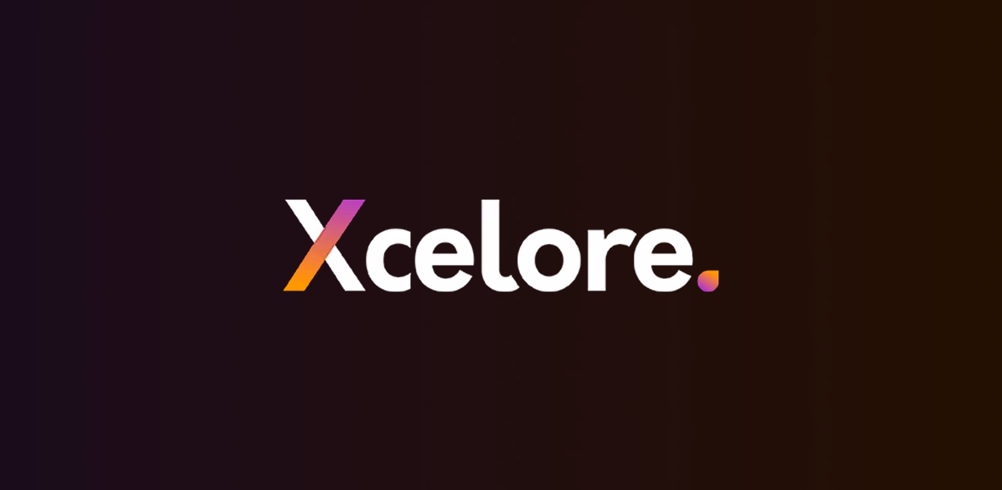 Xcelore brand name with a gradient X and a gradient dot on a dark background.